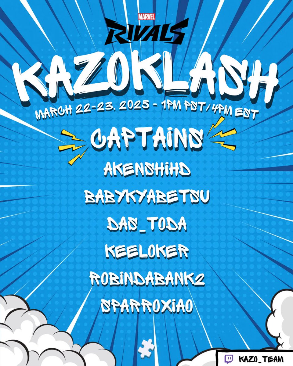 🚨 KAZOKLASH IS COMING! 🚨

Kazoku’s staff &amp; creators are stepping into the battlefield for our first Marvel Rivals community tournament! 🦸‍♂️⚡ Get ready for epic plays, unexpected rivalries, and all-out chaos!

📅 March 22-23, 2025
⏰ 1PM PST | 4PM EST
📺 Live on -