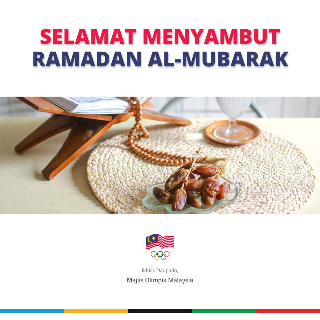 𝗦𝗘𝗟𝗔𝗠𝗔𝗧 𝗠𝗘𝗡𝗬𝗔𝗠𝗕𝗨𝗧 𝗥𝗔𝗠𝗔𝗗𝗔𝗡 𝗔𝗟-𝗠𝗨𝗕𝗔𝗥𝗔𝗞 𝟭𝟰𝟰𝟲 𝗛𝗜𝗝𝗥𝗔𝗛

Majlis Olimpik Malaysia (MOM) mengucapkan Selamat Menyambut Ramadan Al-Mubarak kepada seluruh warga sukan yang beragama Islam.

Semoga bulan Ramadan 1446 Hijrah ini memberi kekuatan kepada