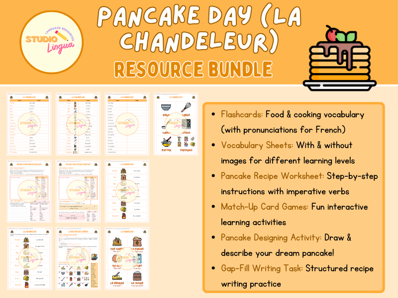 🥞 Language learning should be as fun as flipping pancakes! 🥞

Our Pancake Day Bundles are a recipe for success! 🍫

🥄 Flashcards that stick (like syrup!)
🎨 Worksheets &amp; vocab tasks
🧩 Match-up games
📖 A pancake recipe!

🇫🇷 shorturl.at/3D3GT
🇪🇸 shorturl.at/SF93p