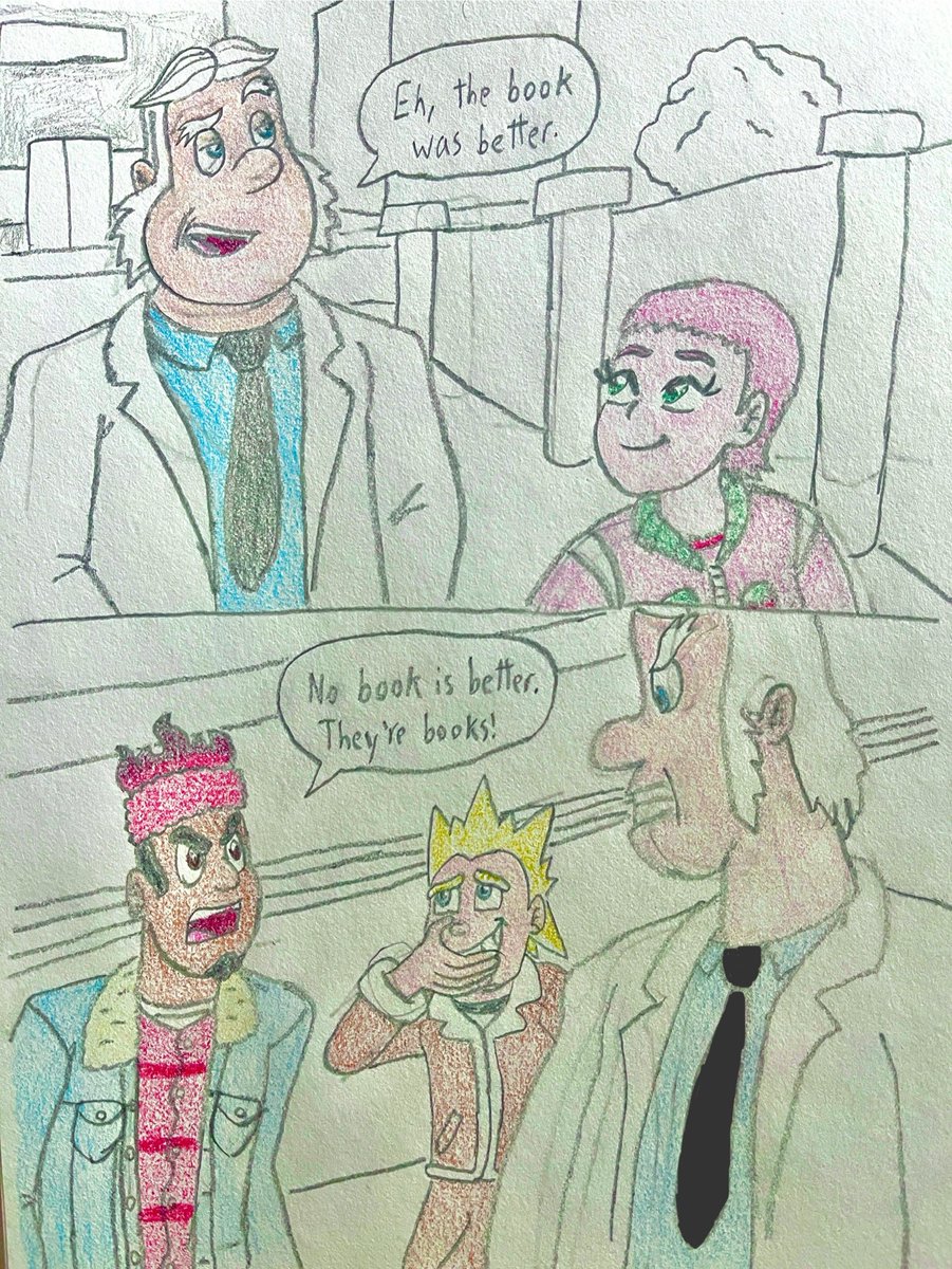 brownlito1's tweet image. The team comes out from watching, let’s say, “Golden Compass” and the professor says this cliche line and I just thought the following line I came up with was hilarious. Also, I think I decided I’m not good enough at making backgrounds #internationalteam #winterclothes