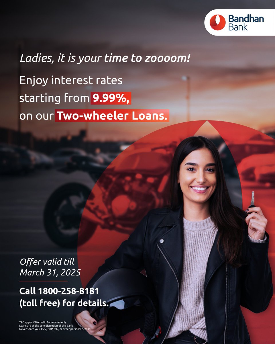 bandhanbank_in's tweet image. Ride with confidence and style with our #TwoWheelerLoans. Celebrate #WomensDay with our special offer! Apply today.

Two-wheeler Loan: bit.ly/47NnCxP
Locate a branch: bit.ly/40ltnAx

T&amp;amp;C apply. #BandhanBank #WomenOnTheMove #AccelerateAction