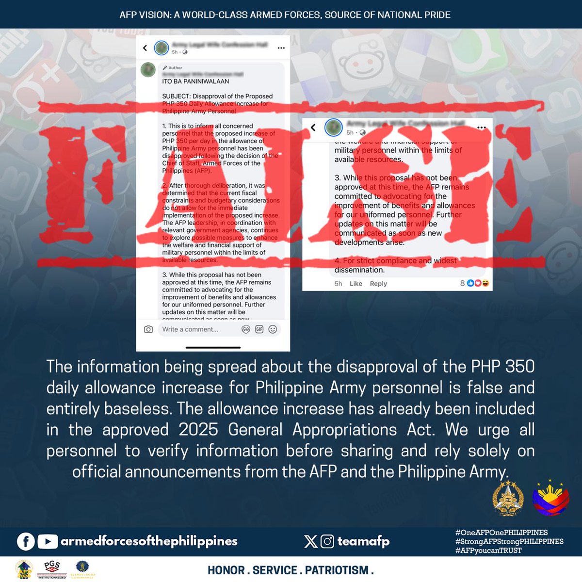 MatatagTwenty9's tweet photo. READ | The Armed Forces of the Philippines refutes the false and baseless information being spread regarding the disapproval of the PHP 350 daily subsistence allowance increase for our personnel.
#OneAFPOnePhilippines
#StrongAFPStrongPhilippines
#PhilippineArmy https://t.co/ZdCJfMPofu