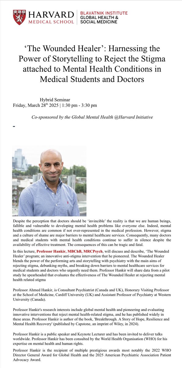 I’m humbled, honoured &amp; thrilled to share I’ve been invited to deliver a talk at Harvard Medical School about combating the stigma attached to mental health difficulties in medical students &amp; doctors. NEVER stop believing in yourself &amp; NEVER stop dreaming. See you in Boston.
