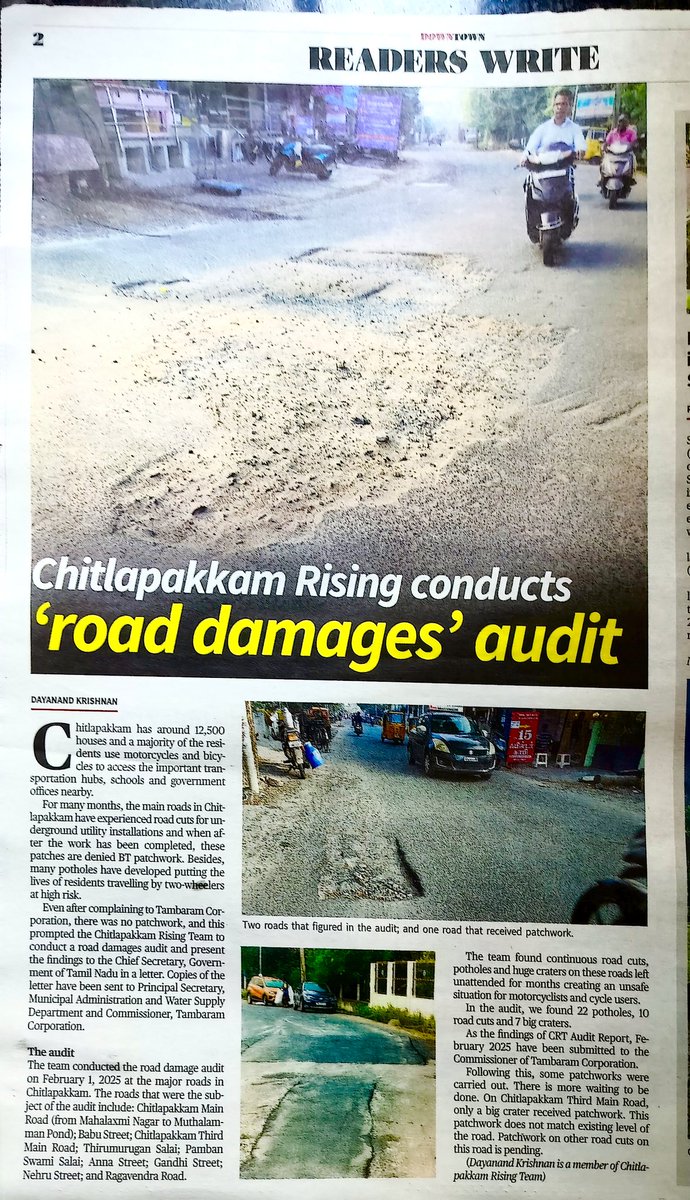 #Chitlapakkam Roads putting lives of two wheeler #Riders at #Highrisk
Chitlapakkam Road Audit Arterial Roads-22 #Potholes,10 #RoadCuts, 7 #Big_Craters
No action from <a href="/Tambaram_Corp/">Tambaram Corporation</a>
even after complaints.
Need help <a href="/CMOTamilnadu/">CMOTamilNadu</a> <a href="/Chief_Secy_TN/">Chief Secretary, Govt. of Tamil Nadu</a> <a href="/MawsTamilNadu/">Municipal Department Government of Tamil Nadu</a>
to patch the roads