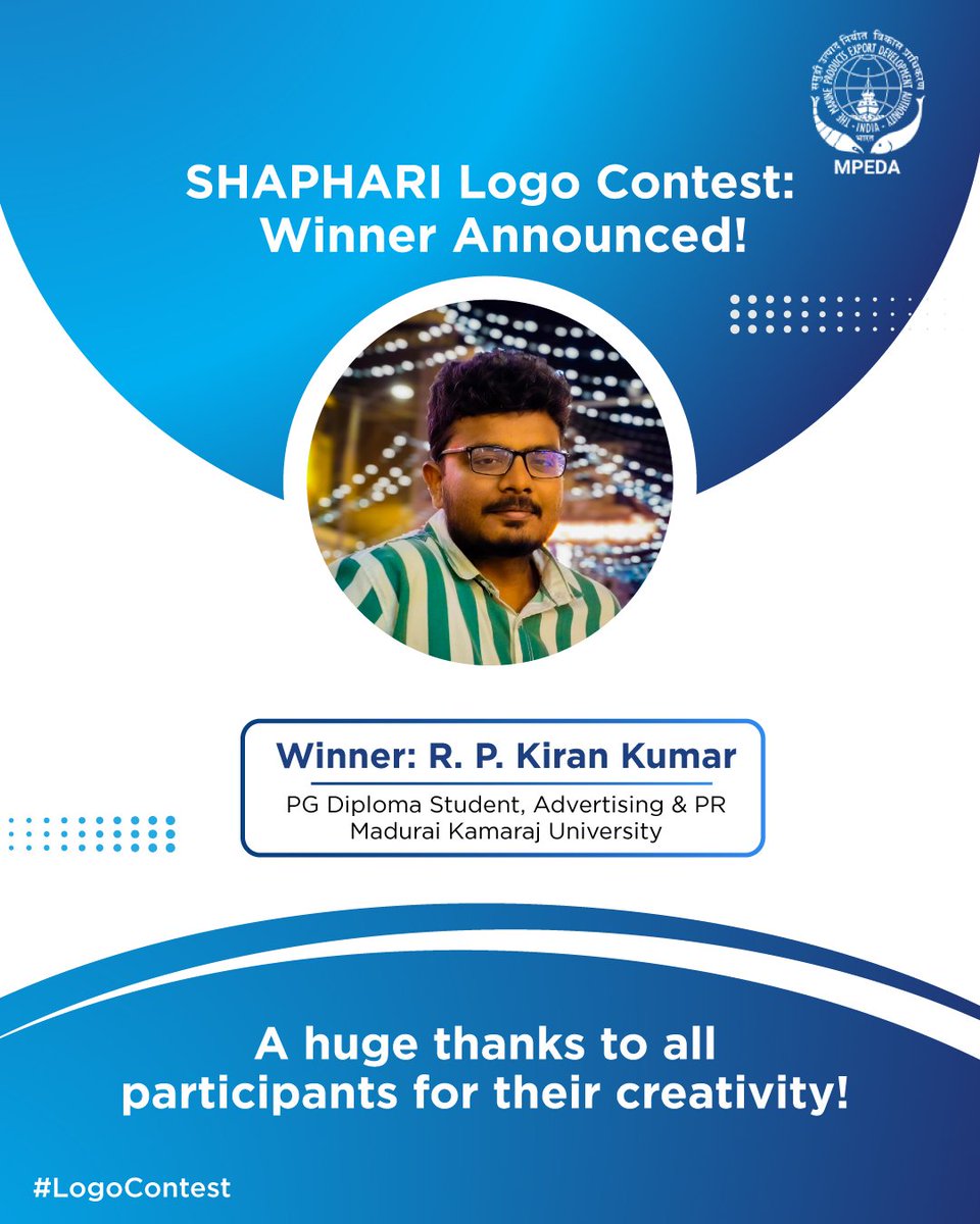 MPEDACOCHIN's tweet image. 🎉 SHAPHARI Logo Contest Winner! 🏆

RP Kiran Kumar’s design will represent SHAPHARI by MPEDA! He wins ₹10,000!

Thanks to all participants for your creativity!

#SHAPHARI  #LogoContest #MPEDA

@DoC_GoI
@FisheriesGoI
@Min_FAHD
@MOFPI_GOI
