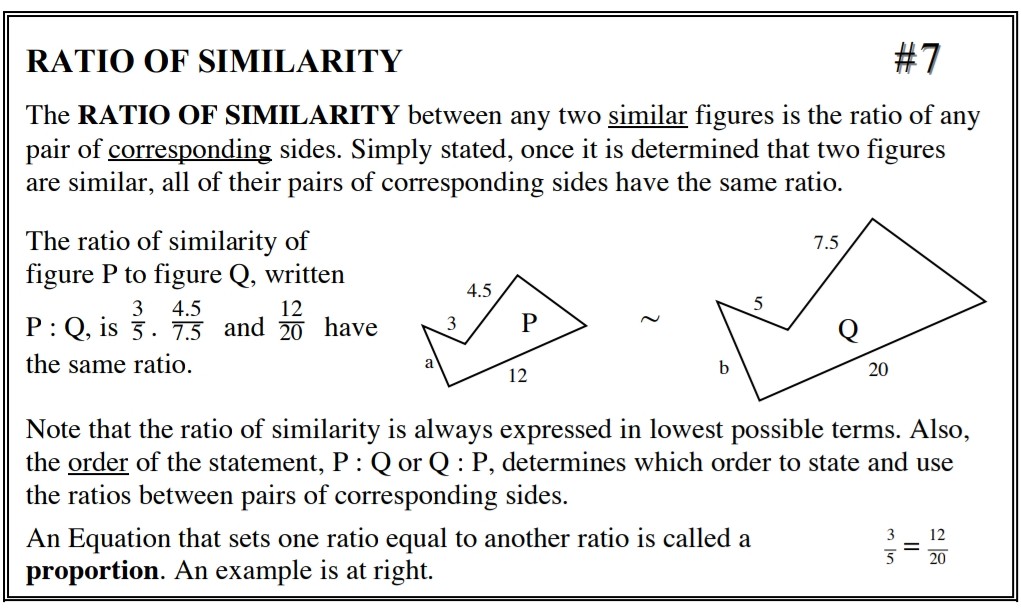 الفرق بين معامل التشابه ونسبة التشابه أن تسبة التشابه لابد تكتب في أبسط صورة اما معامل التشابه فإنه يكتب بأي صورة وحتى في أبسط صورة. ففي هذا المثال نعتبر 3 على5 هي نسبة التشابه لأنها الأبسط بينما 12 على 20 تعتبر معامل التشابه عموما.