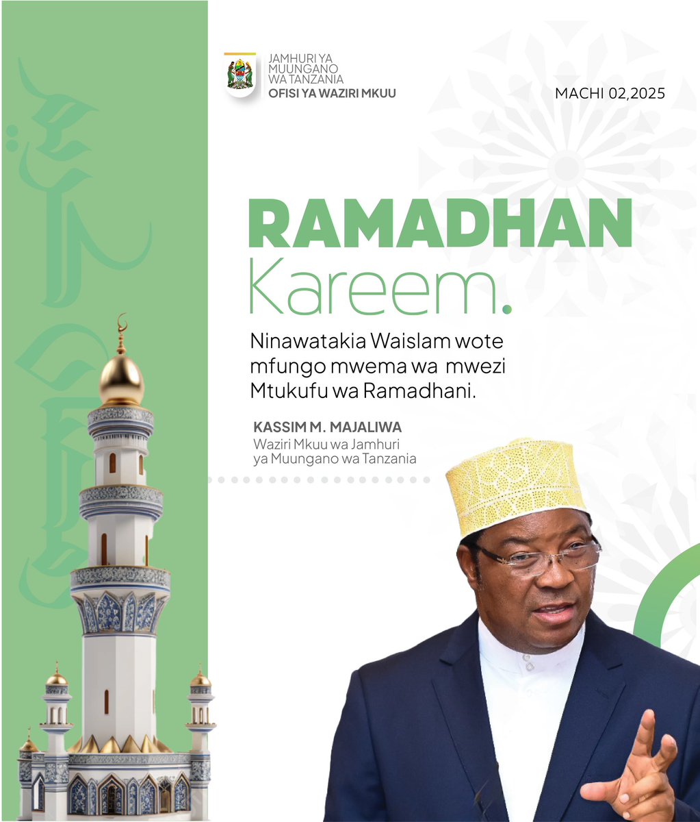 Ninawatakia Waislamu wote heri ya mfungo mwema wa mwezi Mtukufu wa Ramadhan. 

Tuutumie mwezi huu kuliombea Taifa letu sambamba na kudumisha amani, umoja, upendo na mshikamano miongoni mwetu.

Ramadhan Kareem.