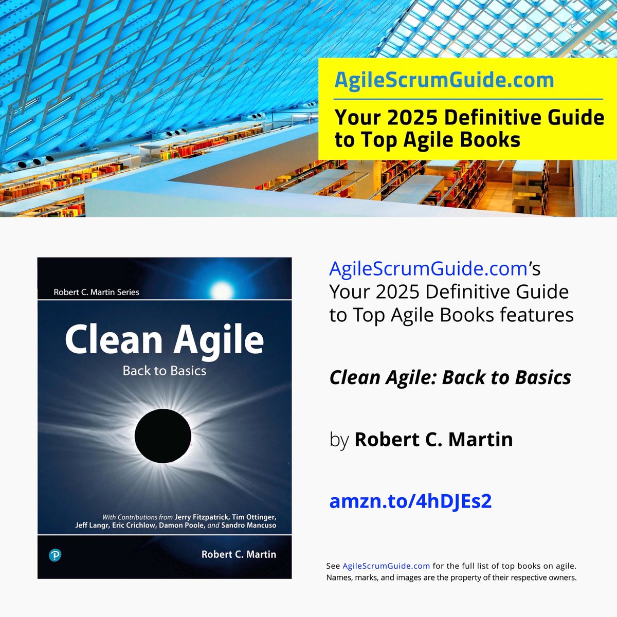 AgileScrumGuide's tweet photo. Top Agile Books features "Clean Agile: Back to Basics" by Robert C. Martin 👉 https://t.co/BXYfzryNoP
The full list is here: https://t.co/u53UtnzakU
#Agile #Scrum #CleanAgile #CleanAgileBook #AgilePrinciples #AgilePractices #AgileBook #ScrumBook #Software #SoftwareDevelopment https://t.co/bHUup3GBCo