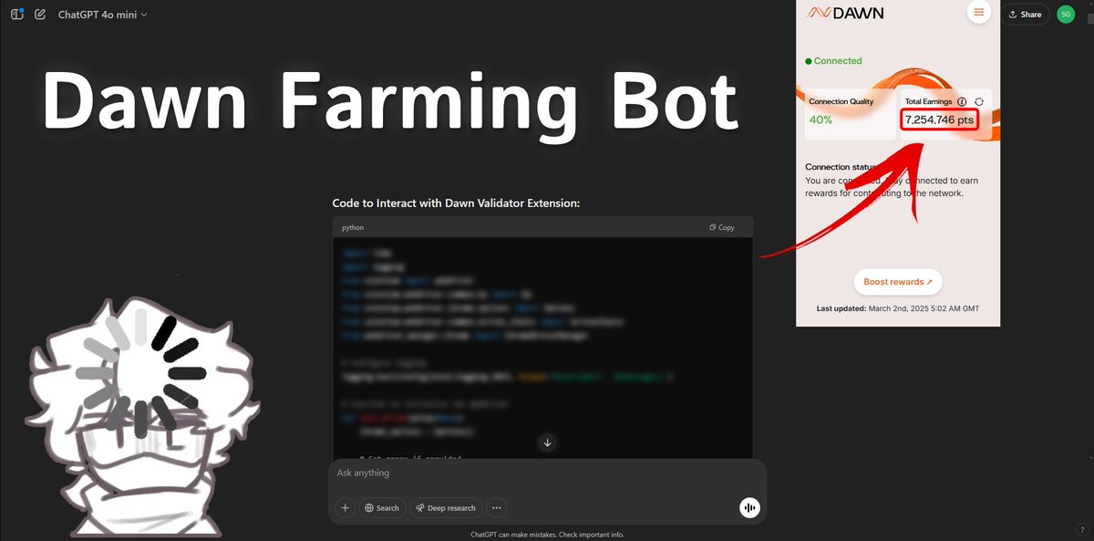 DAWN is a goldmine for #DePIN farmers — but most don’t know how to extract value.

With ChatGPT, you can build a bot that farms DAWN 24/7 — without lifting a finger.

Here’s how you can start 👇🧵