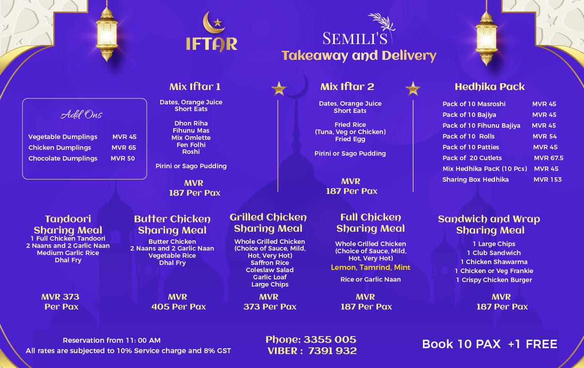 semili_s's tweet photo. Embrace the spirit of Ramadan with our special Iftar menu! ✨💫

Indulge in a variety of delicious dishes crafted to nourish your body and soul after a day of fasting.
Join us for a heartwarming dining experience with family and friends.
.
.
Phone: 3355005
Viber :  7391932

We Deliver to Male' and Hulhumale'

#RamadanIftar  #2025