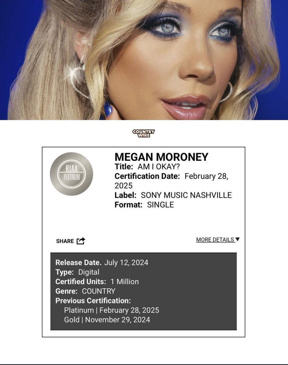 megmoroneytours's tweet photo. 💙 | “Am I Okay?” is officially certified platinum by the RIAA! This is Megan’s third platinum single 💙 https://t.co/hOmFVV2GmD
