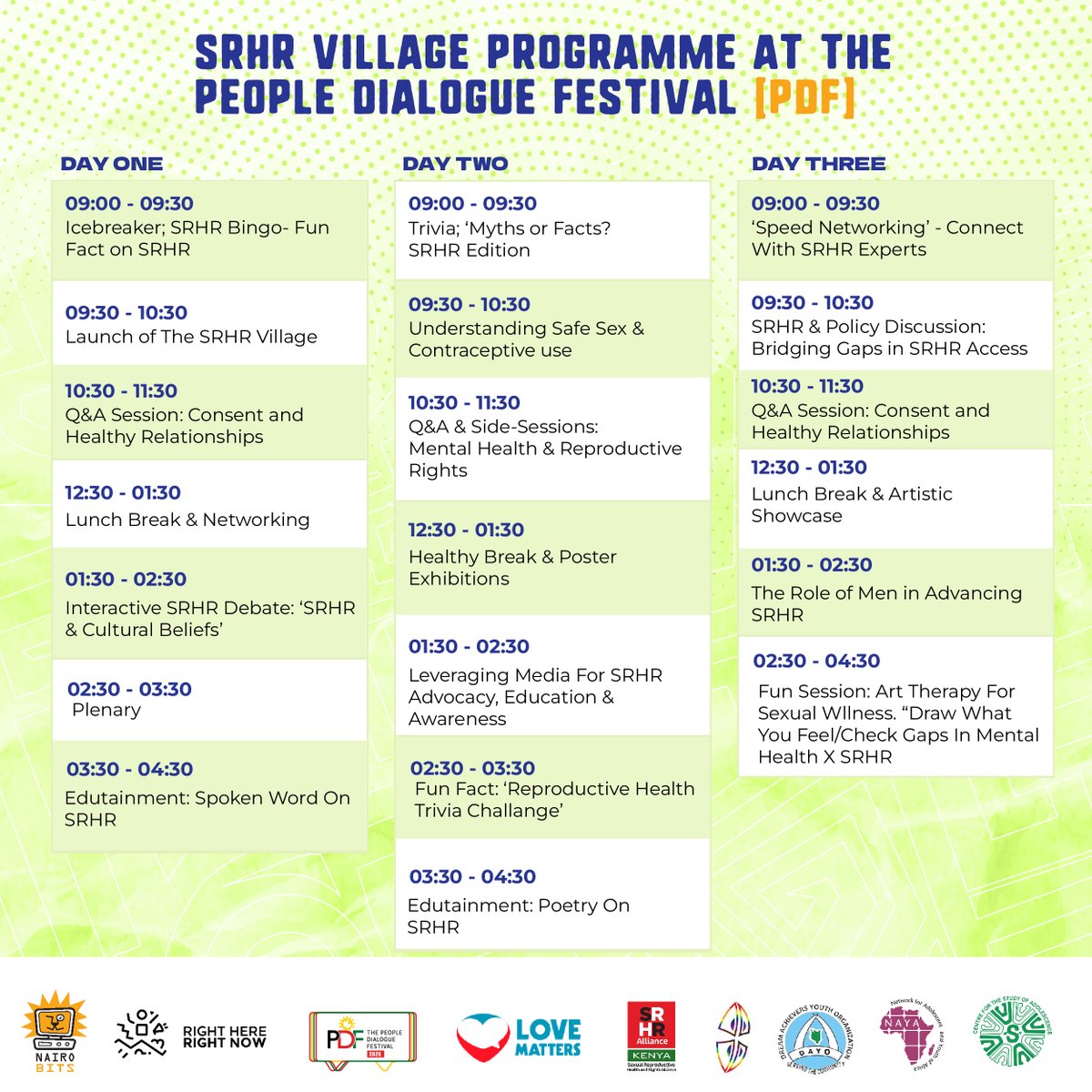 Welcome to the 7th edition of <a href="/thePDFestival/">The People Dialogue Festival (PDF)</a>. 

<a href="/NairoBitsTrust/">NairoBits Trust</a> will host the SRHR Village from 5th March to 8th March.

SRHR Village Theme: Inclusive Dialogues, Transformative Actions

Register here to avoid long queues peopledialoguefestival.org/enroll

#PDFestival2025 #FormNiDialogue