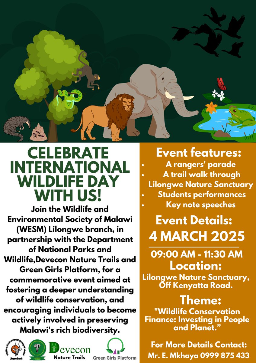 Join us on Tuesday, 4th March to commemorate this year's International Wildlife Day at Lilongwe Nature Sanctuary. 

#wildlifeplanet #sustainabilitymatters