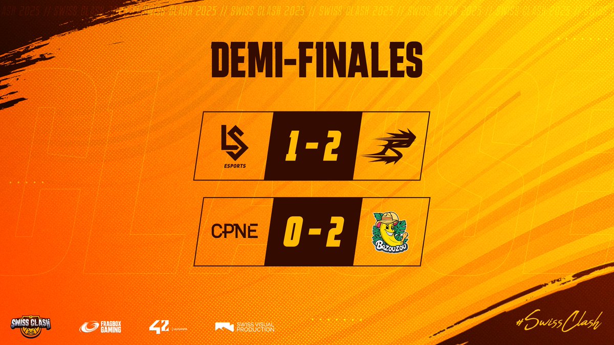 #SwissClash🏆        

Les demi-finales sont terminées ! 

Après des matchs sanglants c'est Bazouzou et <a href="/PvBnation/">PvB</a> qui s'affronteront en grande finale à 13h30 !

GGs à <a href="/lausanneesports/">eLS | Lausanne-Sport Esports</a> et CPNE Esport pour leur parcours !

#WeAreOneFBX