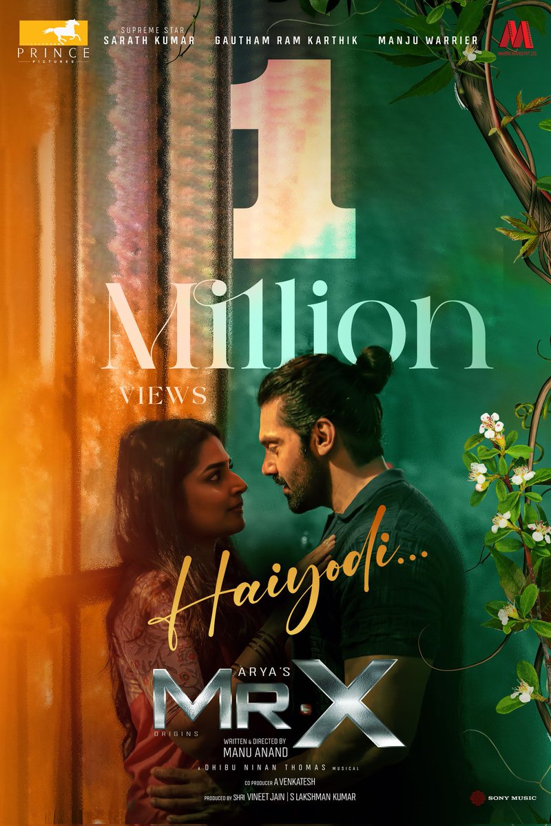 Prince Pictures (@prince_pictures) on Twitter photo One million hearts and more for the first single from #MrX ❤️
#Haiyodi - streaming now.
▶️ youtu.be/2tv9P9a9Hwg
A <a href="/dhibuofficial/">DHIBU NINAN THOMAS</a> musical.
A film by <a href="/itsmanuanand/">Manu Anand</a>.
Produced by <a href="/lakku76/">S Lakshman kumar</a> #Maverik
Co-produced by <a href="/venkatavmedia/">Venkatesh</a>
<a href="/arya_offl/">Arya</a> <a href="/realsarathkumar/">R Sarath Kumar</a> <a href="/Gautham_Karthik/">Gautham Ram Karthik</a> One million hearts and more for the first single from #MrX ❤️
#Haiyodi - streaming now.
▶️ youtu.be/2tv9P9a9Hwg
A <a href="/dhibuofficial/">DHIBU NINAN THOMAS</a> musical.
A film by <a href="/itsmanuanand/">Manu Anand</a>.
Produced by <a href="/lakku76/">S Lakshman kumar</a> #Maverik
Co-produced by <a href="/venkatavmedia/">Venkatesh</a>
<a href="/arya_offl/">Arya</a> <a href="/realsarathkumar/">R Sarath Kumar</a> <a href="/Gautham_Karthik/">Gautham Ram Karthik</a>