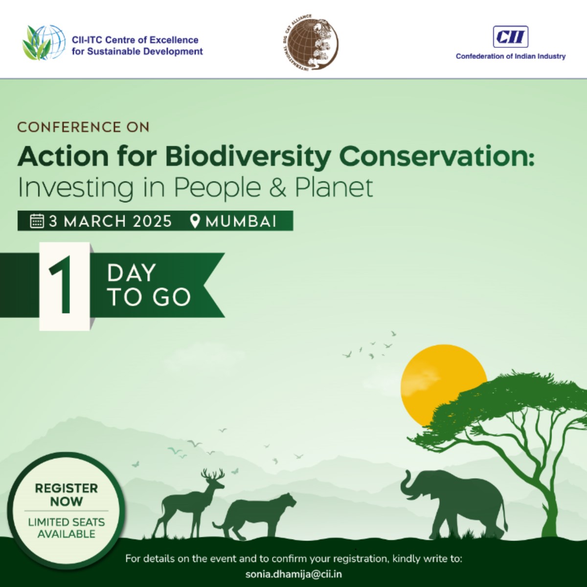 1 day to go for 𝐂𝐨𝐧𝐟𝐞𝐫𝐞𝐧𝐜𝐞 𝐨𝐧 𝐀𝐜𝐭𝐢𝐨𝐧 𝐟𝐨𝐫 𝐁𝐢𝐨𝐝𝐢𝐯𝐞𝐫𝐬𝐢𝐭𝐲 𝐂𝐨𝐧𝐬𝐞𝐫𝐯𝐚𝐭𝐢𝐨𝐧: 𝐈𝐧𝐯𝐞𝐬𝐭𝐢𝐧𝐠 𝐢𝐧 𝐏𝐞𝐨𝐩𝐥𝐞 𝐚𝐧𝐝 𝐏𝐥𝐚𝐧𝐞𝐭 🌍

This is the final opportunity to register for the Conference on Action for Biodiversity Conservation: