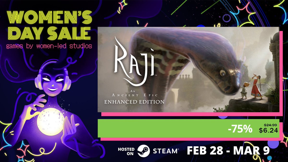 Raji: An Ancient Epic (@rajithegame) on Twitter photo Hello everyone!
We are glad to announce that Raji is part of the #womensdaysale 2025!
Raji: An Ancient Epic will be on a 75% discount during the sale!! 🎮
Do spread the word as we celebrate all the amazing games by women-led studios. 🥳
store.steampowered.com/app/730390/Raj…
#indiegames Hello everyone!
We are glad to announce that Raji is part of the #womensdaysale 2025!
Raji: An Ancient Epic will be on a 75% discount during the sale!! 🎮
Do spread the word as we celebrate all the amazing games by women-led studios. 🥳
store.steampowered.com/app/730390/Raj…
#indiegames