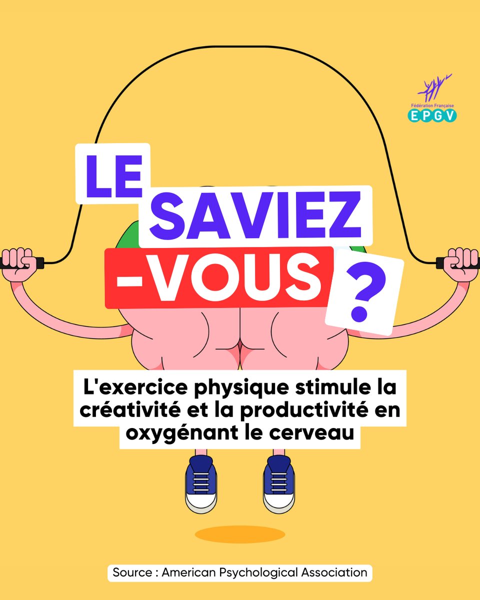 💡 Le Saviez-vous ?
L’exercice physique stimule la créativité et la productivité en oxygénant le cerveau. 🏃‍♂️🧠

Besoin d’idées fraîches ? Faites quelques pas, ça pourrait débloquer votre inspiration ! 🚀

#SportEtCréativité #BienÊtreMental #FFEPGV