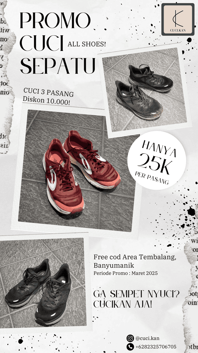 Hallo healthies!
Kalian sibuk sama askep, askeb, laprak, coding, praktek dan lain-lain sampe ga sempet nyuci sepatu mu yang udah kotor, kusem, dan bau itu?

Yuk CUCIKAN aja‼️ 
Sehari jadi? Bisa! Dua hari jadi? Bisa!
Seminggu jadi? Jangan tanya😂

Buruan CUCIKAN aja‼️