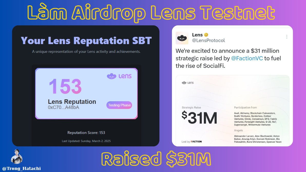 Hướng dẫn Testnet Lens 

✅ <a href="/LC/">Lens Chain</a> Lens mà mạng Social cũng giống như Farcaster
✅ Lens mới gọi vốn thêm được 31M$

1️⃣Thêm Mạng : chainlist.org/chain/37111

2️⃣ Faucet $GRASS tại đây: testnet.lenscan.io/faucet

3️⃣ Mint NFT: lensreputation.xyz

Kết nối tên miền .Lens để