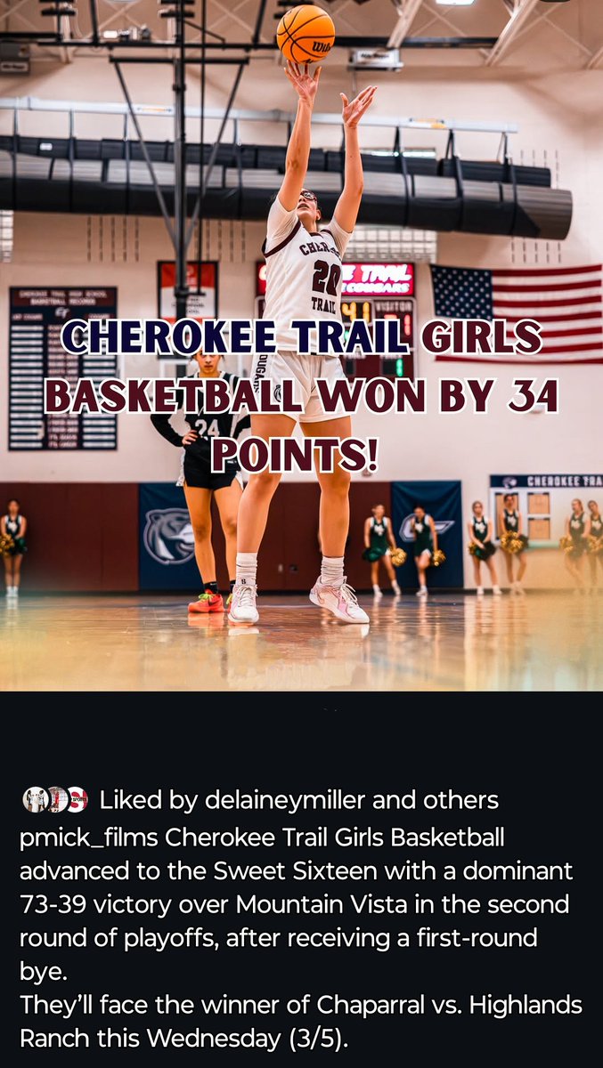 DMiller15 (@dmillerct15) on Twitter photo Bittersweet. We won my last home game of the season.
<a href="/CTLadyCougars/">Cherokee Trail Girls Basketball</a>
<a href="/CTHSConnect/">Cherokee Trail H.S.</a> <a href="/CTHSAthletics/">CTHS Athletics</a> <a href="/aurorasports/">Sentinel Prep Sports</a> <a href="/ColoradoPremier/">Colorado Premier</a> <a href="/girlsbballco/">GIRLS BASKETBALL COLORADO</a> <a href="/hoopstracker/">Hoopstracker</a> <a href="/PGHColorado/">Prep Girls Hoops Colorado</a> <a href="/NAUWomensHoops/">NAU Women's Basketball</a> @ Bittersweet. We won my last home game of the season.
<a href="/CTLadyCougars/">Cherokee Trail Girls Basketball</a>
<a href="/CTHSConnect/">Cherokee Trail H.S.</a> <a href="/CTHSAthletics/">CTHS Athletics</a> <a href="/aurorasports/">Sentinel Prep Sports</a> <a href="/ColoradoPremier/">Colorado Premier</a> <a href="/girlsbballco/">GIRLS BASKETBALL COLORADO</a> <a href="/hoopstracker/">Hoopstracker</a> <a href="/PGHColorado/">Prep Girls Hoops Colorado</a> <a href="/NAUWomensHoops/">NAU Women's Basketball</a> @