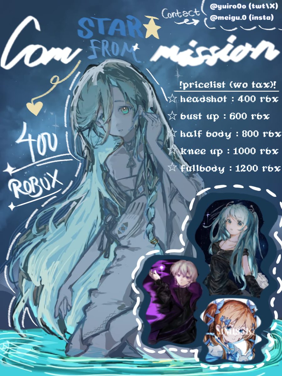 hi hi!!! heres a more updated version of my commissions, no price difference but more examples♡