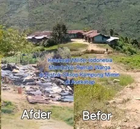 Hari Jumat 28 Februari 2025,
TNI membakar lebih dari 20 Rumah  warga di distrik Oksop, Kab. Pegunungan Bintang. Provinsi Papua. Semua warga yang di tuduh OPM di babat habis oleh TNI. 

Gambar di bawah ini merupakan potret kejahatan TNI yang tidak pernah berhenti hingga saat ini.