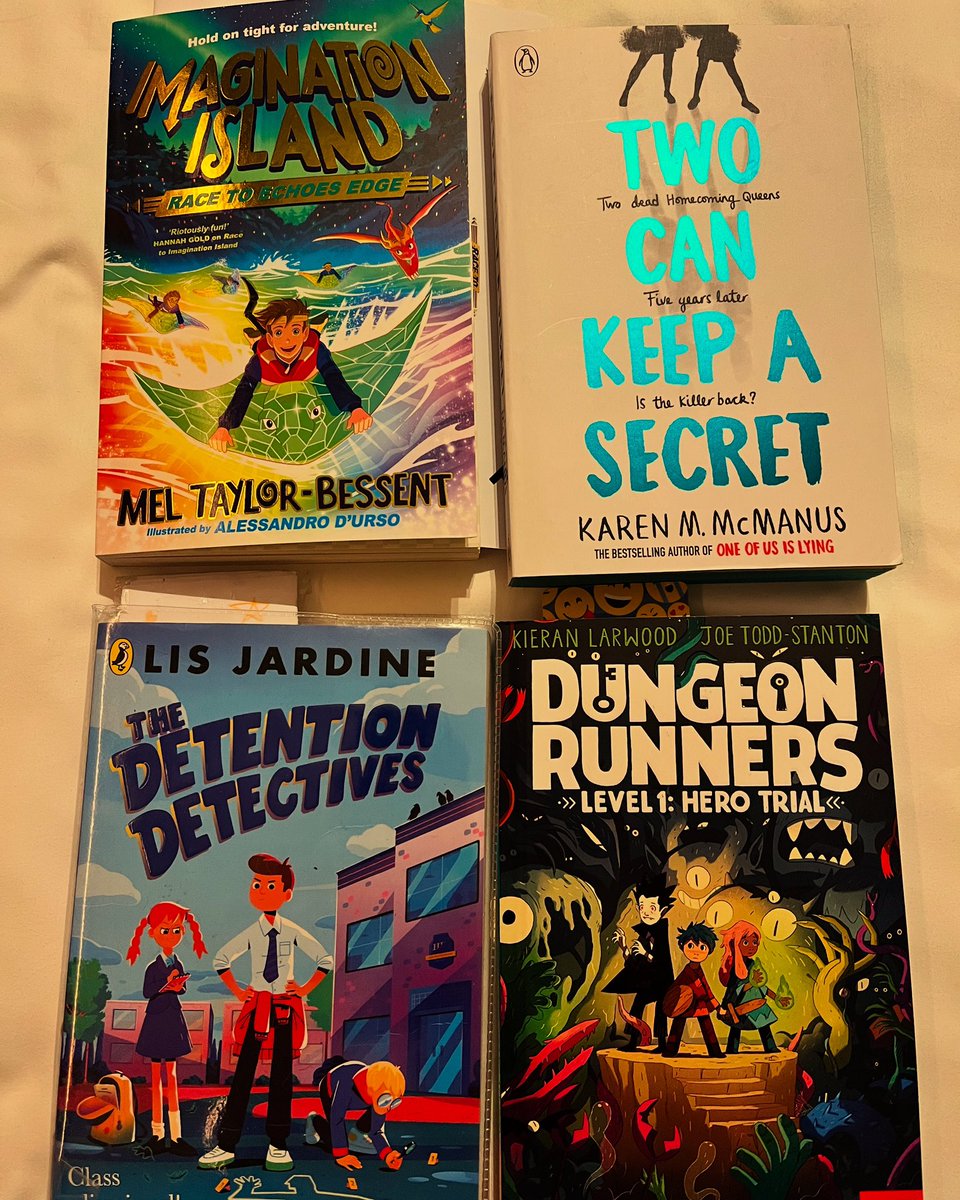 What are we reading this weekend? 📚
Me: Race to Imagination Island: Journey to Echoes Edge
Wife: Two Can Keep a Secret <a href="/PenguinUKBooks/">Penguin Books UK</a> 
9yr old: The Detention Detectives 
6yr old: Dungeon Runners Level 1: Hero Trial
#readingforpleasure