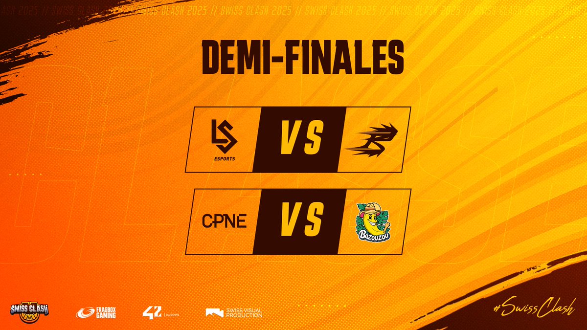 #SwissClash🏆      

Les demi-finales arrivent à 9h30 ! Qui réussira à atteindre la finale ?

<a href="/lausanneesports/">eLS | Lausanne-Sport Esports</a> VS <a href="/PvBnation/">PvB</a> 
CPNE Esport VS Bazouzou

#WeAreOneFBX