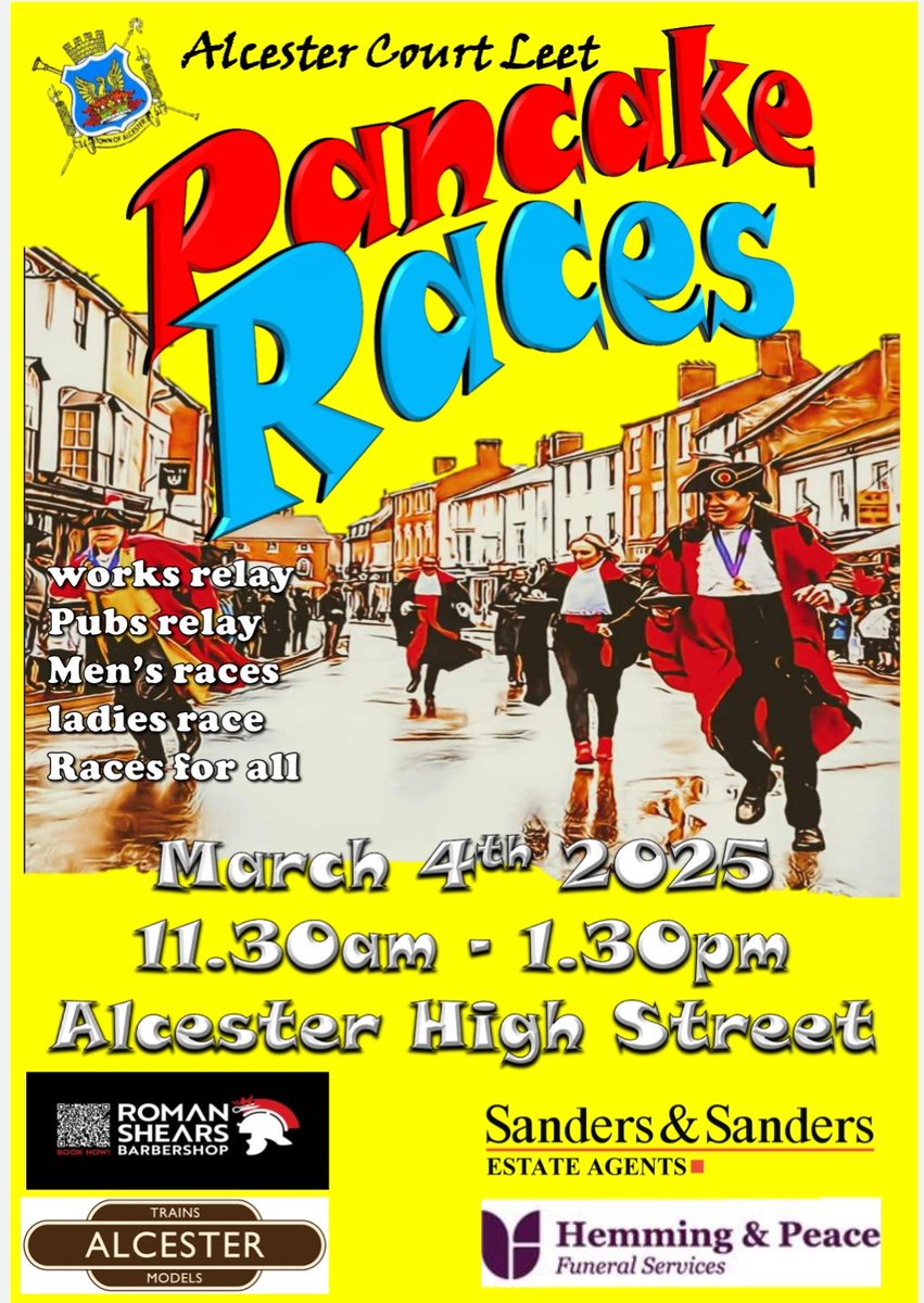 Marc (@marco8175) on Twitter photo Two days to go!
Alcester Pancake races from 11.30am
Pubs relay
Works relay
Diversity race
Mens race
Ladies race
Then schools.
<a href="/RedStand/">Redditch Standard</a> <a href="/Redd_Advertiser/">Redditch Advertiser</a> <a href="/HeraldNewspaper/">Stratford Herald</a> <a href="/bbcmtd/">BBC Midlands</a> <a href="/itvnews/">ITV News</a> <a href="/cnnbrk/">CNN Breaking News</a> <a href="/AlcesterNews/">Alcester News 🗨</a>
#pancakeday #visitalcester Two days to go!
Alcester Pancake races from 11.30am
Pubs relay
Works relay
Diversity race
Mens race
Ladies race
Then schools.
<a href="/RedStand/">Redditch Standard</a> <a href="/Redd_Advertiser/">Redditch Advertiser</a> <a href="/HeraldNewspaper/">Stratford Herald</a> <a href="/bbcmtd/">BBC Midlands</a> <a href="/itvnews/">ITV News</a> <a href="/cnnbrk/">CNN Breaking News</a> <a href="/AlcesterNews/">Alcester News 🗨</a>
#pancakeday #visitalcester