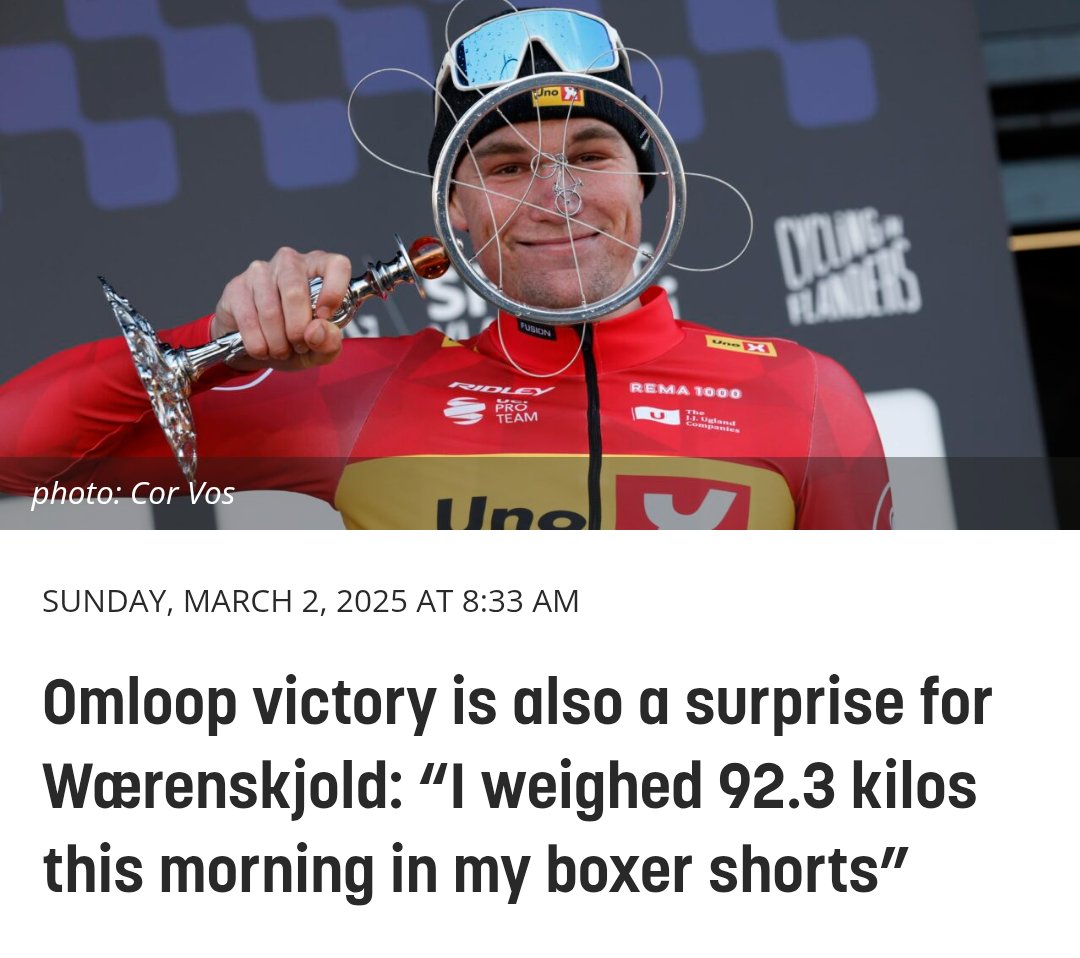 Der skal altså noget power til at slæbe sådan et korpus op ad Kapelmuur.

Kæmpe klasse. 👏

Super fedt, hvor forskellig statur man kan have i cykelsporten og være en toprytter, uanset hvilken bygning man har. 👌