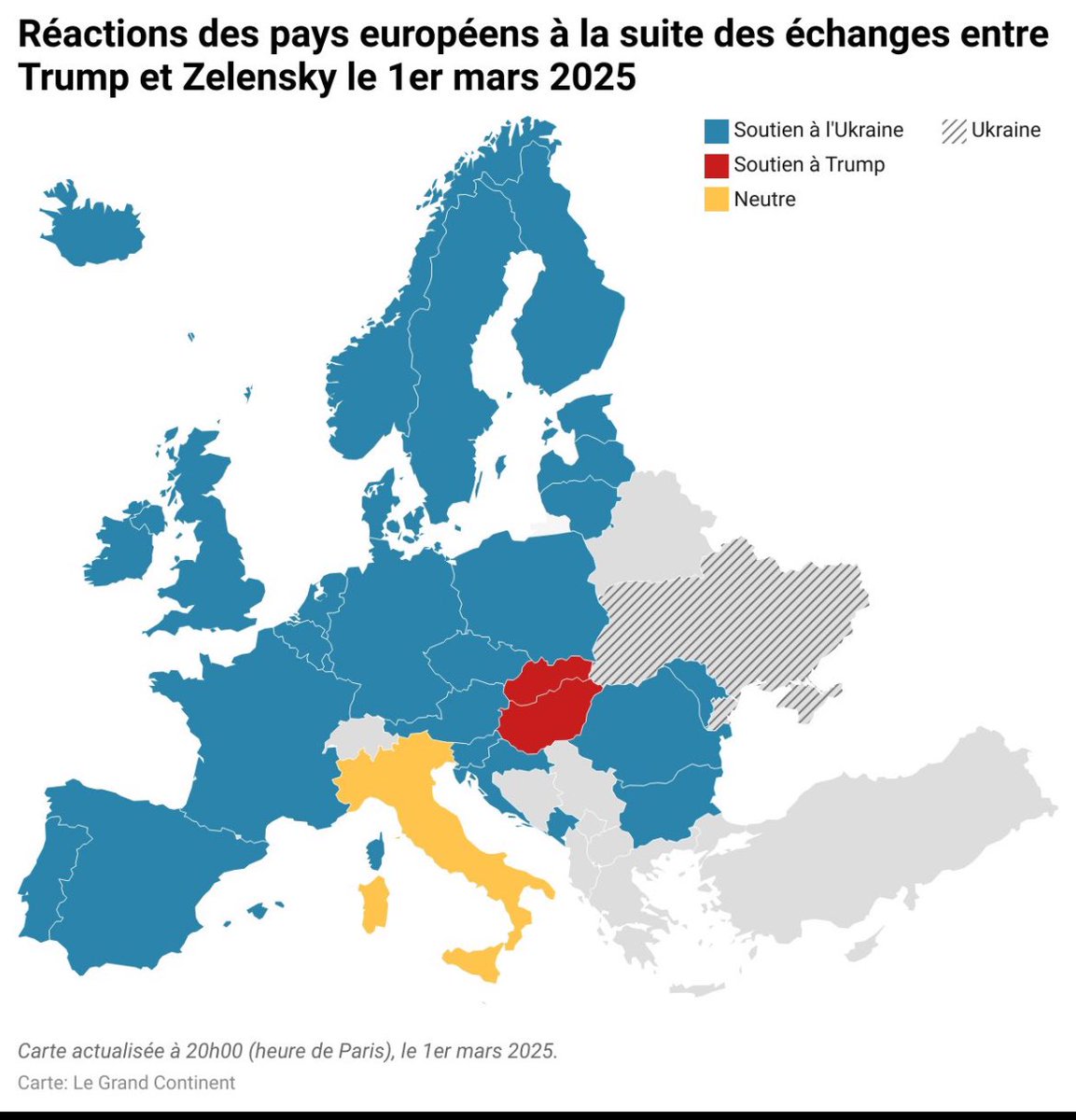 Situation de départ du sommet de Londres qui débutera dans quelques heures :

- 26 pays européens affichent leur soutien au Président Zelensky 

- l’Italie de Meloni est restée absolument « neutre »

- la Hongrie d’Orban et la Slovaquie de Fico  soutiennent le Président Américain
