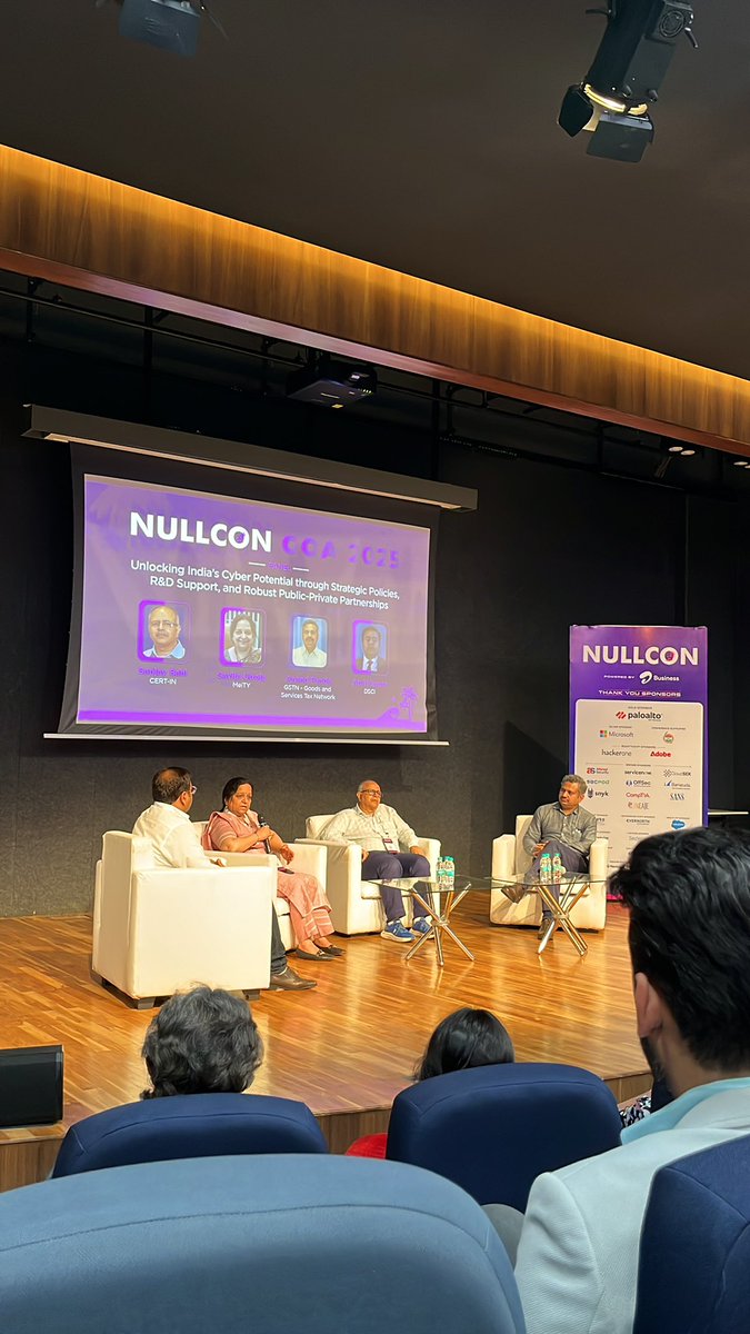 Govt of India panel discussion about empowering cybersecurity startups at <a href="/nullcon/">NULLCON</a> 2025

Panelists from <a href="/GoI_MeitY/">Ministry of Electronics & IT</a> <a href="/IndianCERT/">CERT-In</a> <a href="/DSCI_Connect/">DSCI</a>