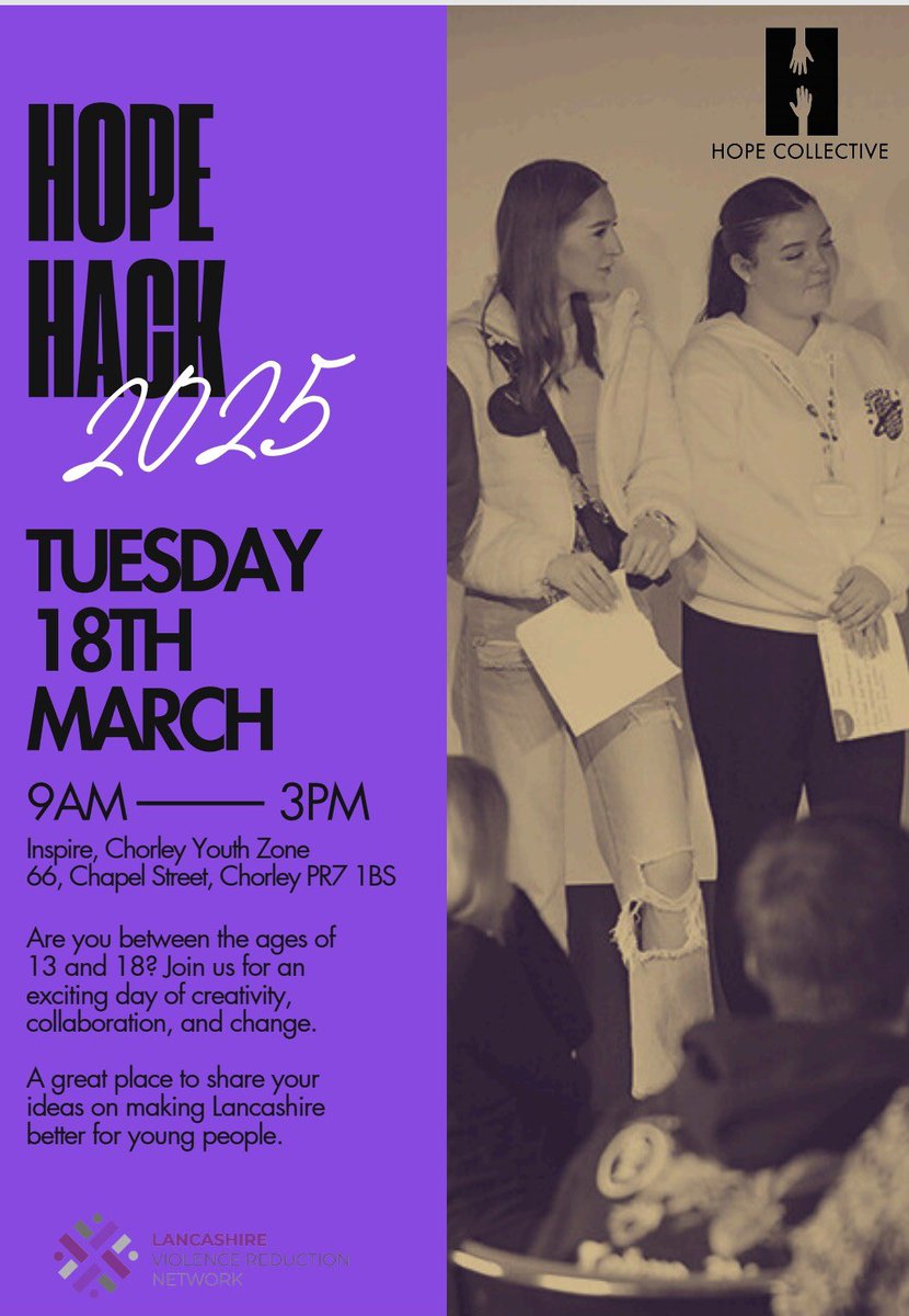 THE HOPE COLLECTIVE (@hopecollective2) on Twitter photo March 18th Chorley <a href="/LancsVRN/">Lancashire Violence Reduction Network</a> the 38th Hope Hack takes place
What makes a Hope Hack special?
Relationships. A whole community approach where young people voices are front & centre of change
What do they think a fairer society looks like?
Co-designed solutions #ChorleyHopeHack March 18th Chorley <a href="/LancsVRN/">Lancashire Violence Reduction Network</a> the 38th Hope Hack takes place
What makes a Hope Hack special?
Relationships. A whole community approach where young people voices are front & centre of change
What do they think a fairer society looks like?
Co-designed solutions #ChorleyHopeHack