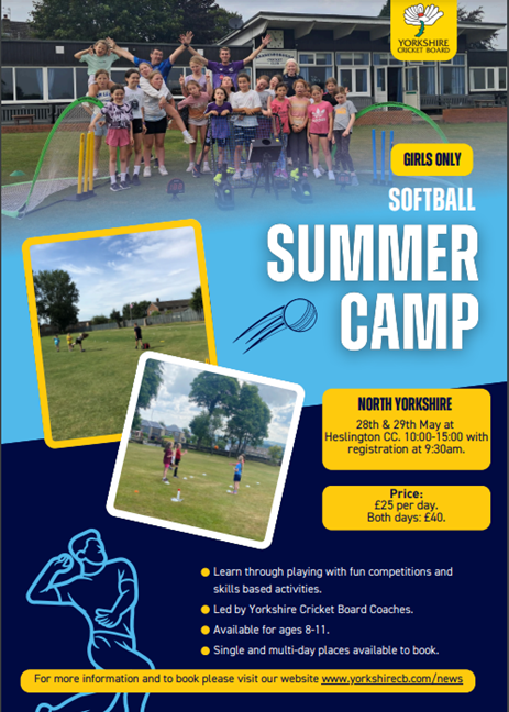 Excited for this one! 👏🏏

<a href="/Yorkshirecb/">Yorkshire Cricket Board</a>  - Girls Only Holiday Camp
📍<a href="/HeslingtonCC/">Heslington CC</a> 
📅 28th &amp; 29th May
⏰9.30-3pm
💰 £25 per day or £40 for both days
🔗booking.ecb.co.uk/M4mRRa

Spaces are limited with only 32 places available! 
Please share ✅
<a href="/YPLNCricket/">Attis Yorkshire Premier League North</a>