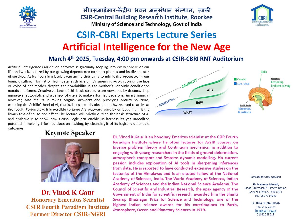CSIR-CBRI (@csir_cbri) on Twitter photo CSIR-CBRI is organising a Expert Lecture on "Artificial Intelligence for the New Age" by Dr. Vinod K Gaur, Honorary Emeritus Scientist, CSIR 4PI & Former Director CSIR-NGRI on March 4, 2025, Tuesday, 4:00 pm onwards at CSIR-CBRI RNT Auditorium
<a href="/CSIR_IND/">CSIR, India</a>
<a href="/ramancharla/">R Pradeep Kumar</a> CSIR-CBRI is organising a Expert Lecture on "Artificial Intelligence for the New Age" by Dr. Vinod K Gaur, Honorary Emeritus Scientist, CSIR 4PI & Former Director CSIR-NGRI on March 4, 2025, Tuesday, 4:00 pm onwards at CSIR-CBRI RNT Auditorium
<a href="/CSIR_IND/">CSIR, India</a>
<a href="/ramancharla/">R Pradeep Kumar</a>