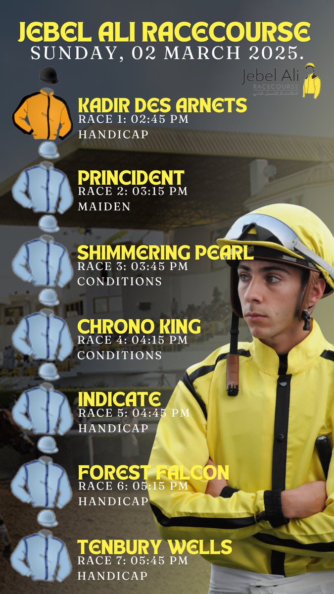 Bernardo Pinheiro (@jockeybpinheiro) on Twitter photo My rides today at <a href="/jarcOfficial/">Jebel Ali Racecourse</a> ๐๐ป
O wish all the best for everyoneโ๐ป๐๐ป๐๐ป
Race cards: emiratesracing.com/racecard/2025-โฆ My rides today at <a href="/jarcOfficial/">Jebel Ali Racecourse</a> ๐๐ป
O wish all the best for everyoneโ๐ป๐๐ป๐๐ป
Race cards: emiratesracing.com/racecard/2025-โฆ