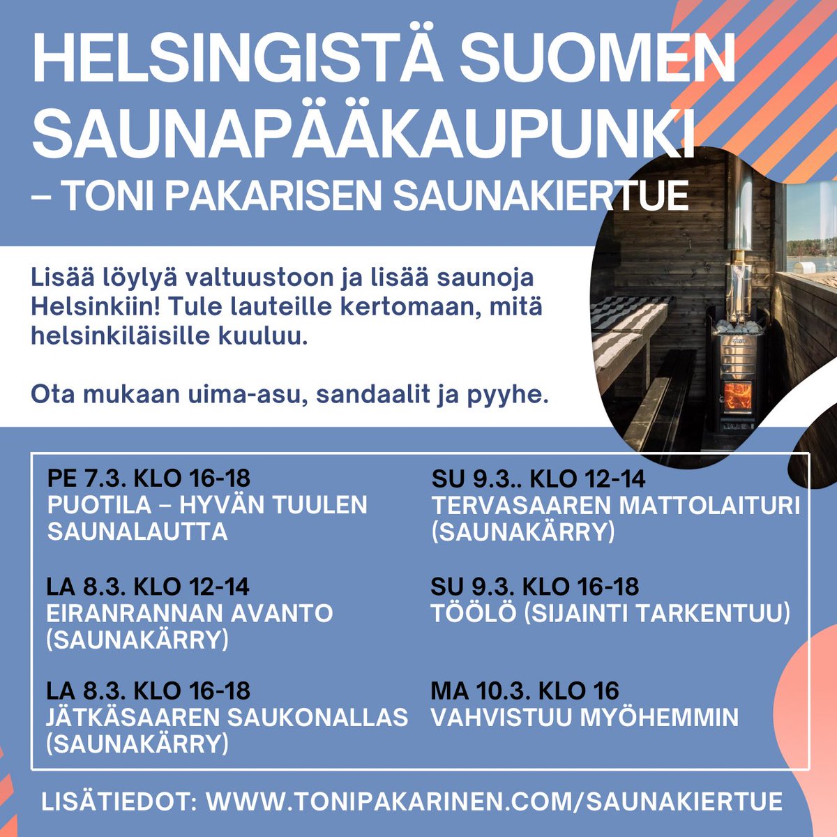 Ensi viikon viikonloppuna saunotaan Helsingin rannoilla. Laitetaan lisää löylyä kaupunginvaltuustoon ja lisää saunoja Helsinkiin.

facebook.com/share/1XzLkbyb… #sauna