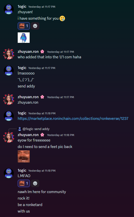 big shoutout to @1_ogic for gifting back my 1/1 Ruan to me for free.

$RONKE community just hits different and this is the culture I'm here for.

ronketards stronke together, WAGMI frfr 🤝