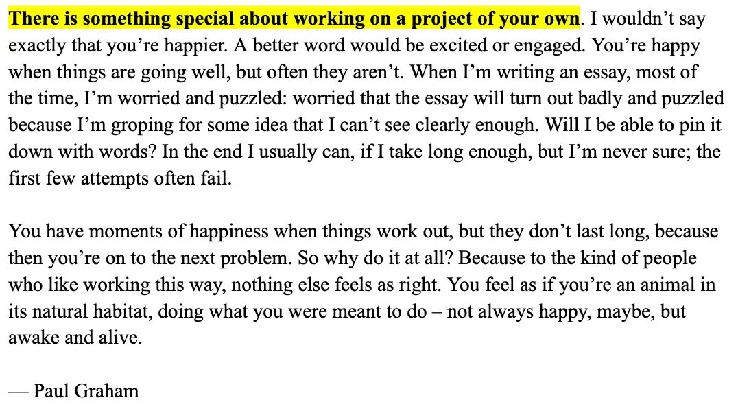Paul Graham on why you should work on your own projects: https://t.co/Nwh0i99pOk