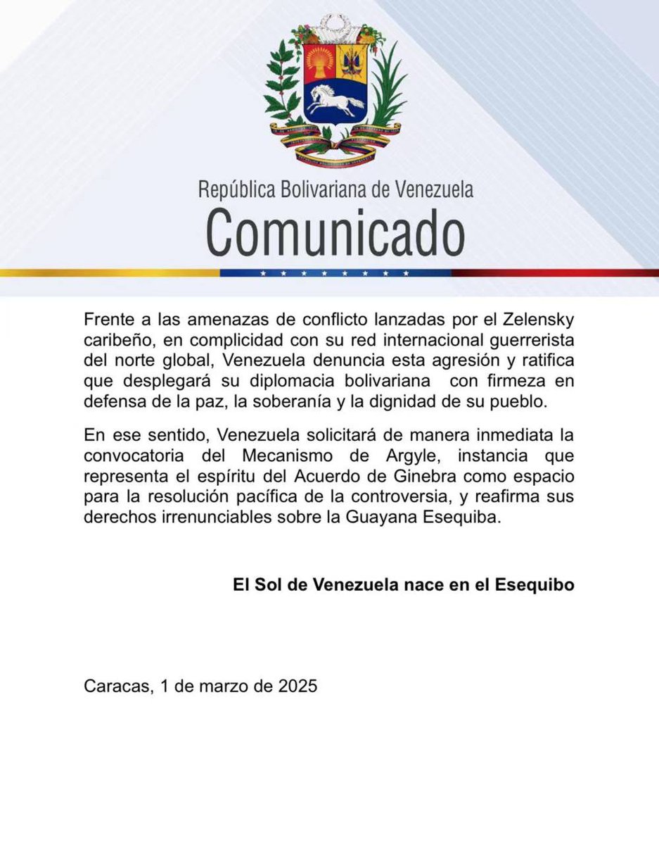 #Comunicado |  Irfaan Ali pretende sembrar un peligroso conflicto con Venezuela, amenazando la paz de nuestra región. Venezuela nunca renunciará a la defensa de sus derechos históricos sobre la Guayana Esequiba. “El Sol de Venezuela nace en el Esequibo”.