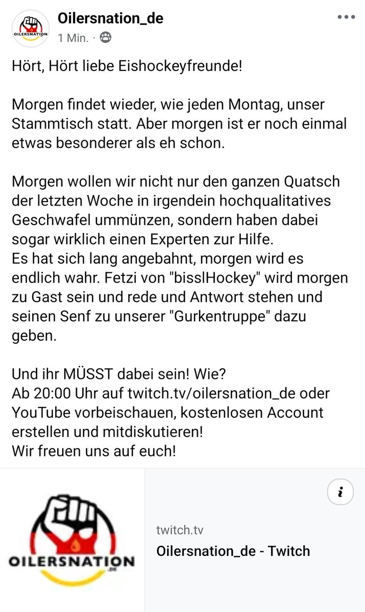 Oilersnation.de 🇩🇪 (@oilersnation_de) on Twitter photo Morgen ist <a href="/fetzi6/">Christoph Fetzer</a> von <a href="/bisslHockey/">bissl Hockey</a> zu Gast in unserem Stammtisch!
Wir freuen uns riesig, ihr müsst alle dabei sein! Morgen ist <a href="/fetzi6/">Christoph Fetzer</a> von <a href="/bisslHockey/">bissl Hockey</a> zu Gast in unserem Stammtisch!
Wir freuen uns riesig, ihr müsst alle dabei sein!