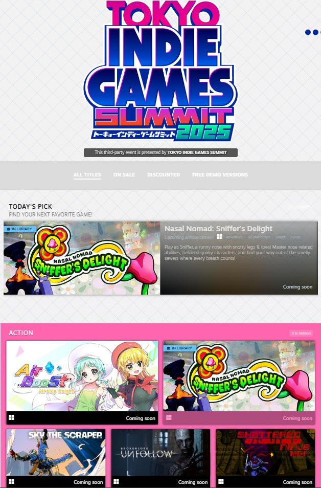 tiny_nomads's tweet photo. The #TIGS2025 Steam festival is officially up and the love we have received for our game Sniffer's Delight in the past 24 hours has been astounding! 

We hope to meet many of you in Tokyo soon. 

Feel free to check out our Steam page until then ❤️👃 #wishlist #Steam #indiegames https://t.co/bL0umwKGiP
