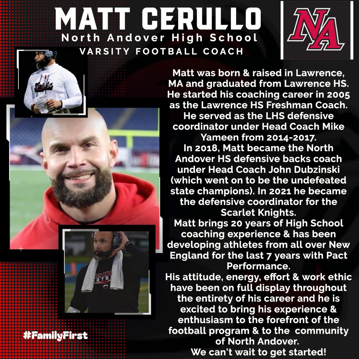 NEW FOOTBALL COACH

We are incredibly excited to announce that we have hired Matt Cerullo to be our Varsity Football Coach at North Andover High School. 

<a href="/north_andover/">North Andover</a> <a href="/KnightsNaaa/">KnightsNAAA</a> <a href="/BostonHeraldHS/">Danny Ventura</a> <a href="/BGlobeSports/">Boston Globe Sports</a> <a href="/T_Mulherin/">Tom Mulherin</a> <a href="/camkerry7/">Cam Kerry</a> <a href="/DWillisET/">David Willis</a> <a href="/MVcreature/">Hector Longo</a> <a href="/EvanApplebaum2/">Evan Applebaum</a>