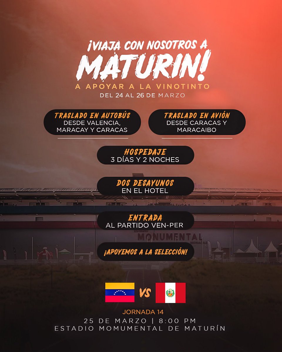 ¡𝗧𝗘 𝗟𝗟𝗘𝗩𝗔𝗠𝗢𝗦 𝗔𝗟 🇻🇪 #𝗩𝗘𝗡 - #𝗣𝗘𝗥 🇵🇪!

• Junto a la <a href="/miradeltigre/">En La Mira del Tigre</a> gestionamos tu viaje a Maturín para apoyar a la <a href="/SeleVinotinto/">La Vinotinto</a> en las Eliminatorias CONMEBOL con ¡𝗧𝗢𝗗𝗢! incluido. 

🎟️ <a href="/SOLOVENEX_/">SOLOVENEX</a> es vendedor autorizado de los mejores paquetes de viaje aéreos