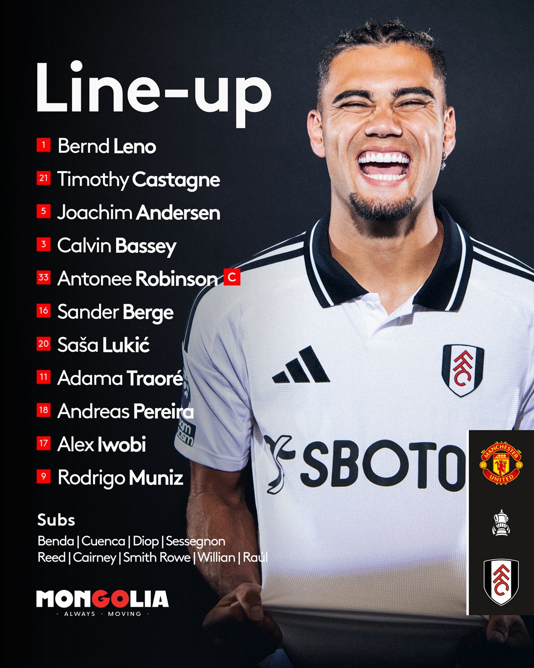 XI: Leno, Castagne, Andersen, Bassey, Robinson, Berge, Lukić, Adama, Andreas, Iwobi, MunizSubs: Benda, Cuenca, Diop, Sessegnon, Reed, Cairney, Smith Rowe, Willian, Raúl