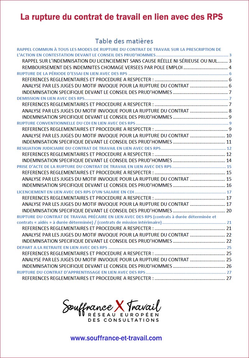 LA RUPTURE DU CONTRAT DE TRAVAIL EN LIEN AVEC DES #RPS
Par Michaël Prieux, inspecteur du travail

Fiches synthétiques récapitulatives à télécharger sur le site Souffrance &amp; Travail : souffrance-et-travail.com/professionnels…

#Contrat #travail #rupture #Licenciement #droit_du_travail