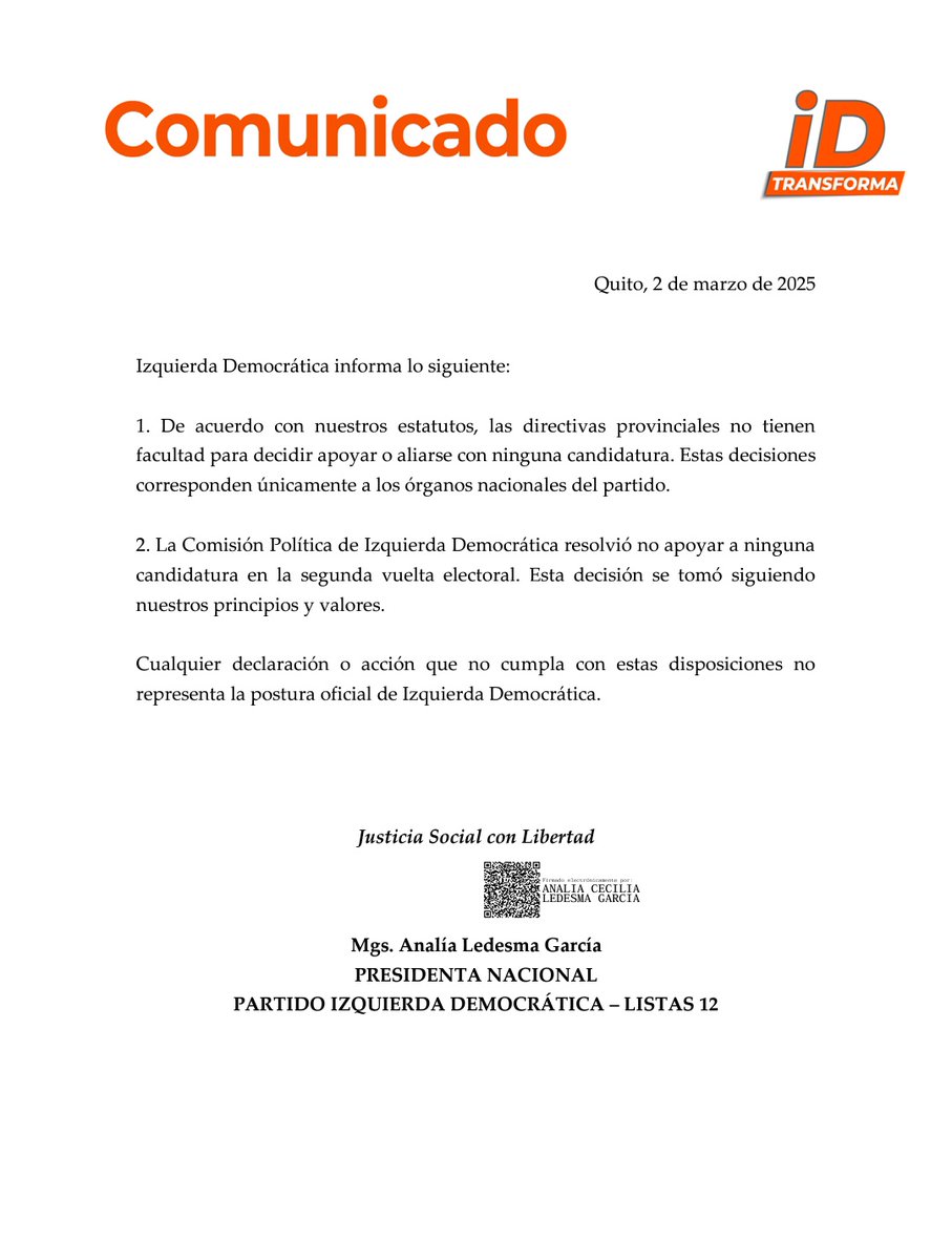 A la ciudadanía #JusticiaSocialconLibertad #IDTransforma