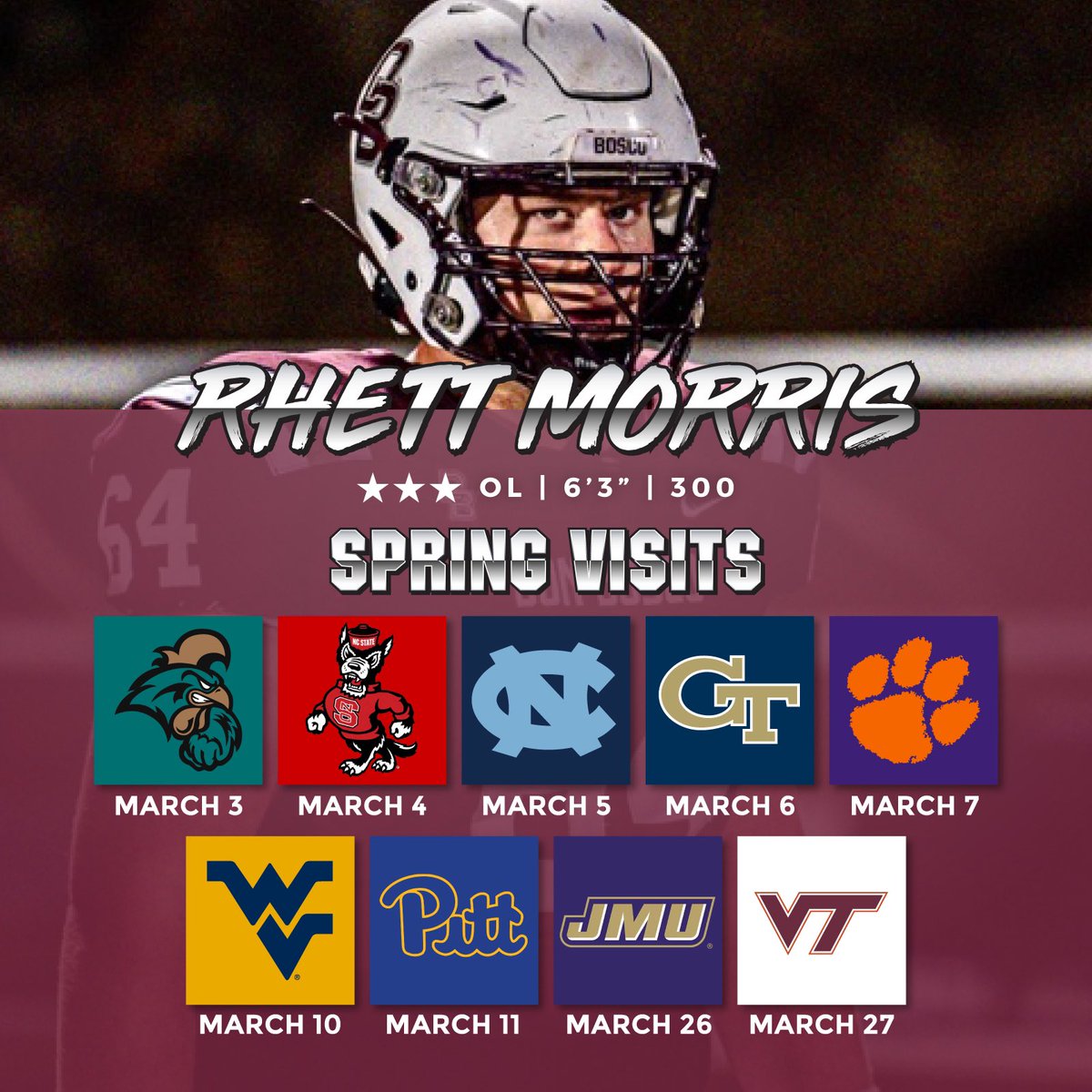 3⭐️Rhett Morris (@rhettmorris64) on Twitter photo Exited to be visiting these schools during the month of March!
<a href="/CoAcHKeLZZz3/">Markell Harrison</a>
<a href="/Cody_High/">Coach High</a>
<a href="/DBP_Football/">Bosco Football</a>
<a href="/ryanobleness/">Ryan O'Bleness</a>
<a href="/MohrRecruiting/">Brian Mohr</a>
<a href="/adamgorney/">Adam Gorney</a>
<a href="/BrianDohn247/">BrianDohn247</a> Exited to be visiting these schools during the month of March!
<a href="/CoAcHKeLZZz3/">Markell Harrison</a>
<a href="/Cody_High/">Coach High</a>
<a href="/DBP_Football/">Bosco Football</a>
<a href="/ryanobleness/">Ryan O'Bleness</a>
<a href="/MohrRecruiting/">Brian Mohr</a>
<a href="/adamgorney/">Adam Gorney</a>
<a href="/BrianDohn247/">BrianDohn247</a>