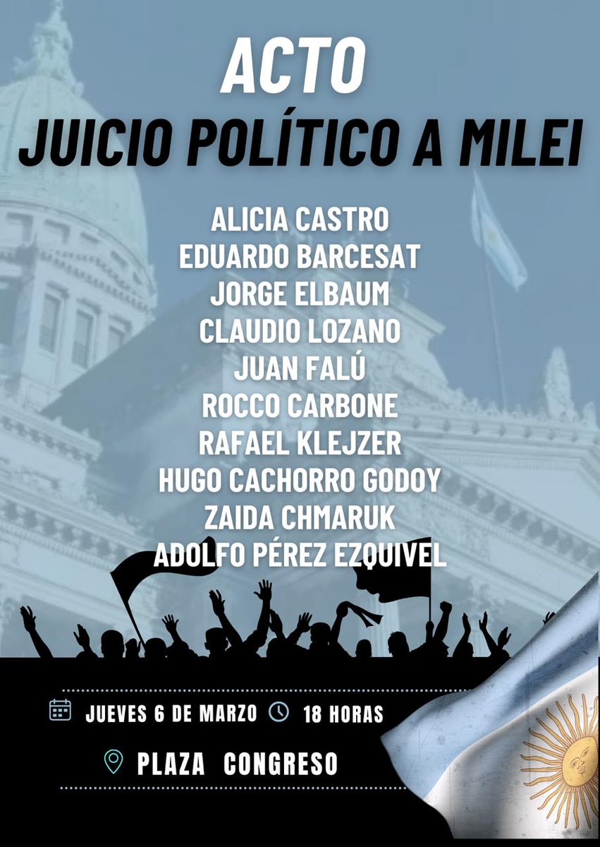 Jorge_Elbaum's tweet image. Exigimos el Juicio Político a Javier Milei
Jueves 6 de marzo a las 18 hs en Plaza Congreso

Convocan: Adolfo Pérez Esquivel, Alicia Castro, Eduardo Barcesat, Claudio Lozano, Juan Falú, Rocco Carbone, Rafael Klejzer, Hugo “Cachorro” Godoy, Zaida Chmaruk y Jorge Elbaum.